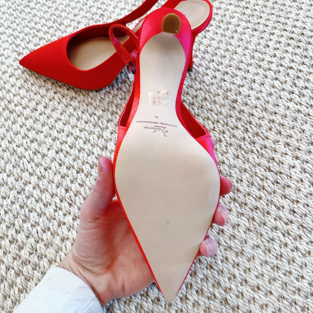 NEW Eleven22 Red Satin Slingback Heels Rhinestone Buckle Size 7 - saks fifth ave - Picture 4 of 8